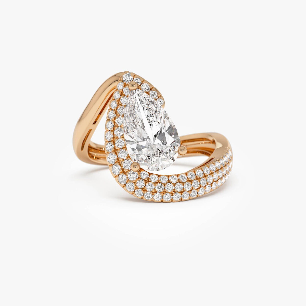 2ctw Pear Triple Row Pave Diamond Engagement Ring, Statement Bridal Ring, Unique Teardrop Diamond Ring