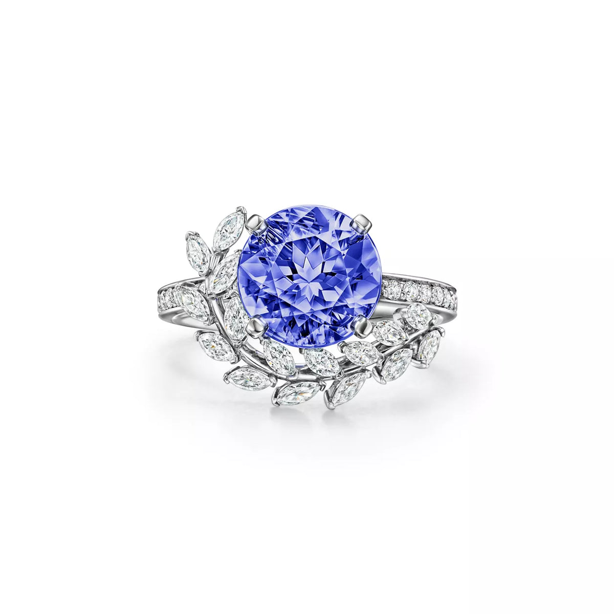 Round Blue Sapphire Lab Grown Diamond & Moissanite Nature Inspired Engagement Ring with Marquise Leaf Accents -- 3.34ct