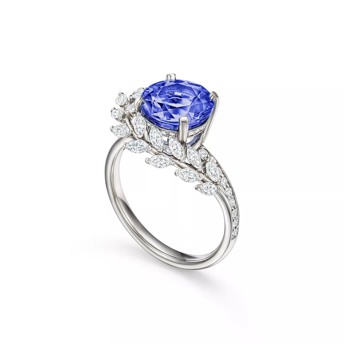 Round Blue Sapphire Lab Grown Diamond & Moissanite Nature Inspired Engagement Ring with Marquise Leaf Accents -- 3.34ct