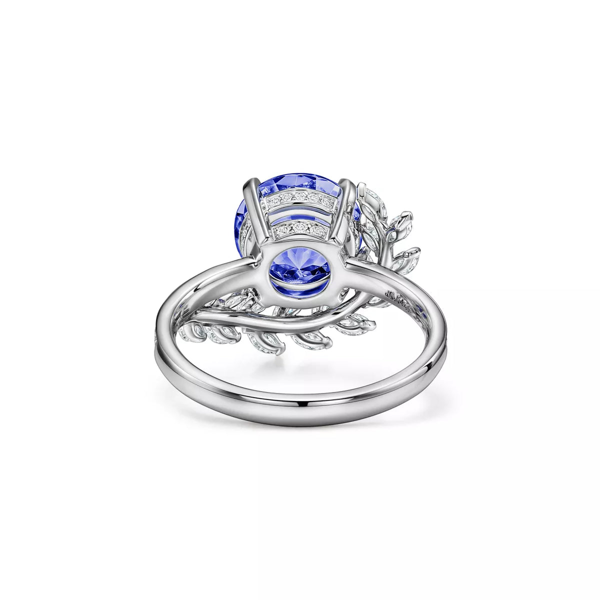 Round Blue Sapphire Lab Grown Diamond & Moissanite Nature Inspired Engagement Ring with Marquise Leaf Accents -- 3.34ct
