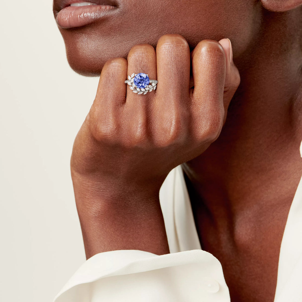 Round Blue Sapphire Lab Grown Diamond & Moissanite Nature Inspired Engagement Ring with Marquise Leaf Accents -- 3.34ct