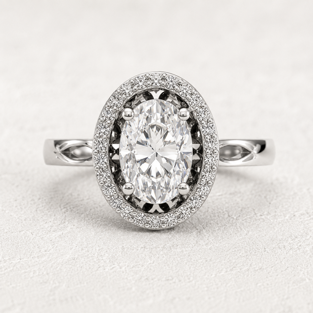 Oval Cut Lab Grown Diamond & Moissanite Halo Engagement Ring with Pavé Halo