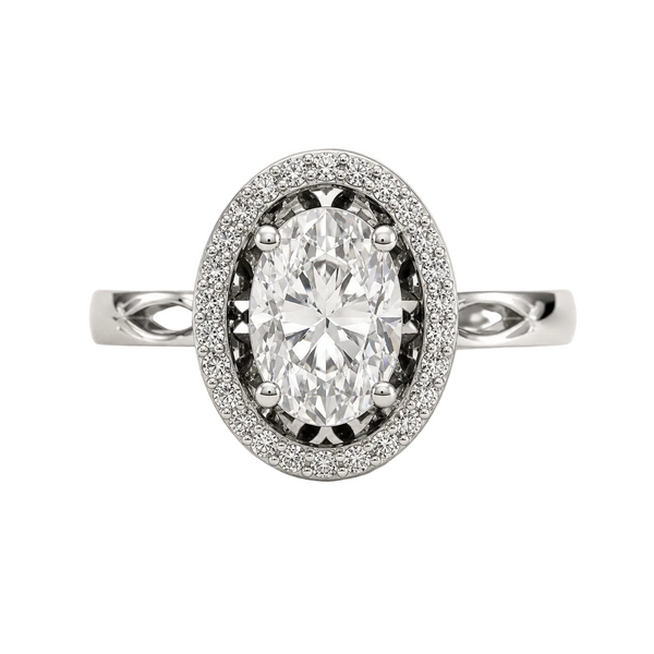 Oval Cut Lab Grown Diamond & Moissanite Halo Engagement Ring with Pavé Halo