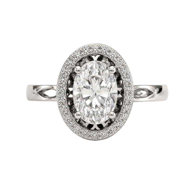 Oval Cut Lab Grown Diamond & Moissanite Halo Engagement Ring with Pavé Halo