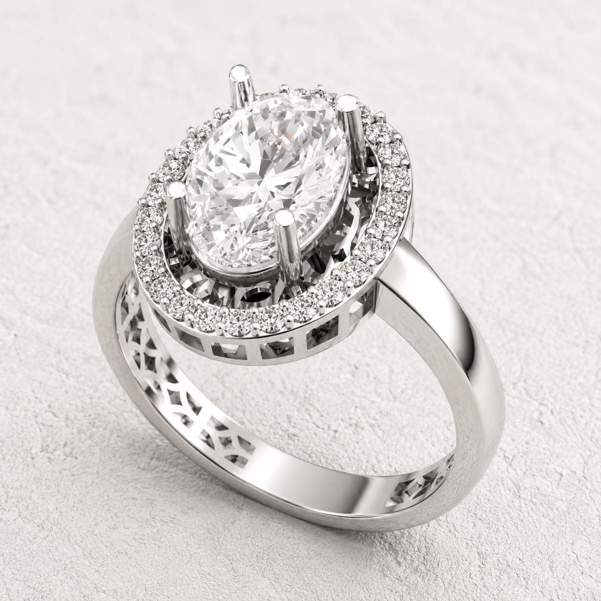 Oval Cut Lab Grown Diamond & Moissanite Halo Engagement Ring with Pavé Halo