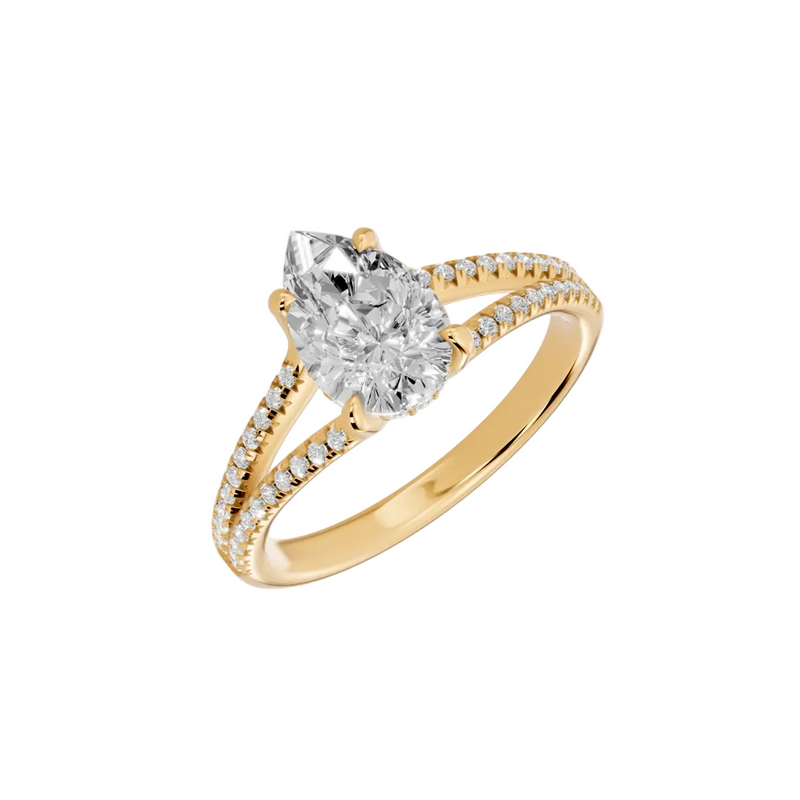 Pear Cut Pavé Split Shank Solitaire Engagement Ring – Lab Grown Diamond & Moissanite