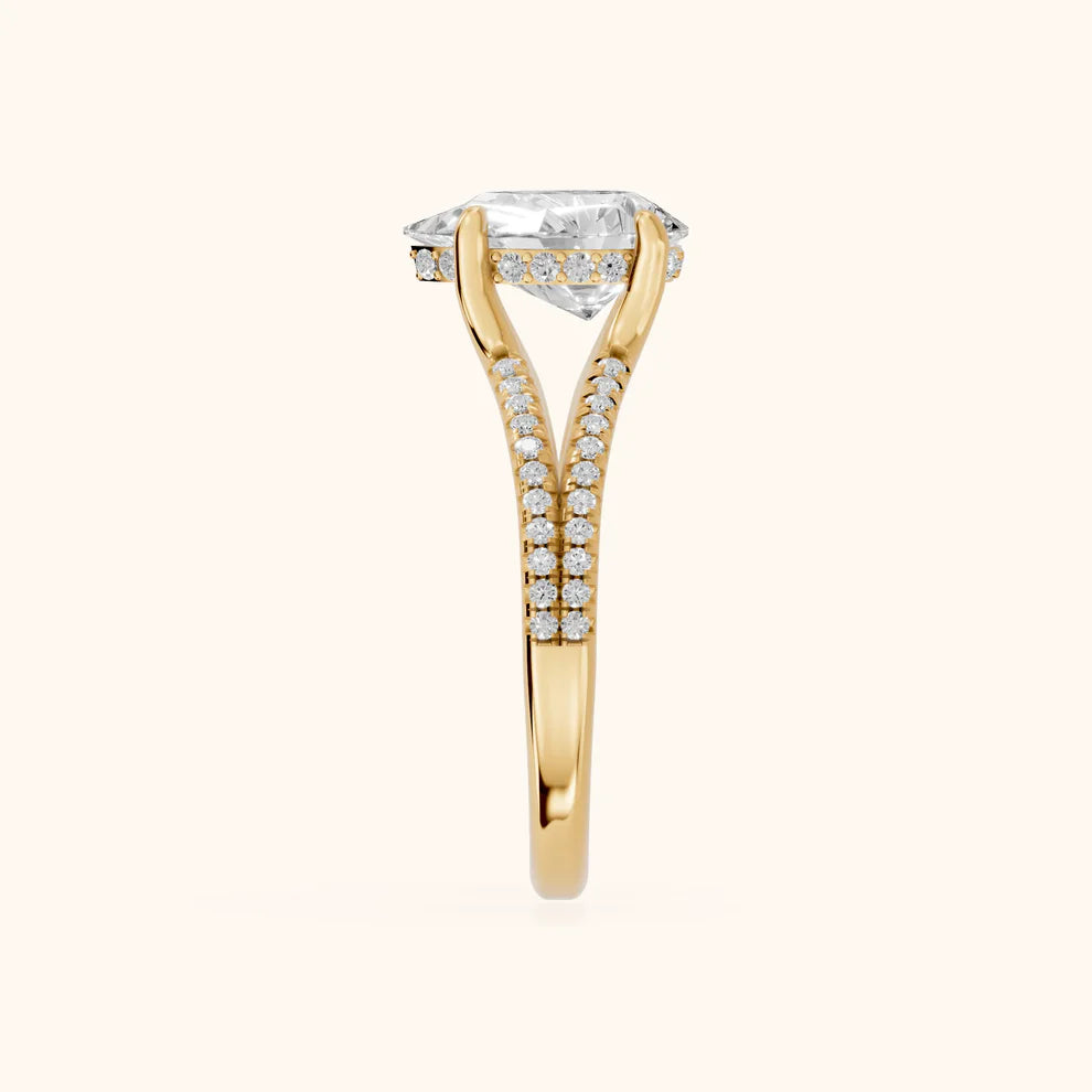 Pear Cut Pavé Split Shank Solitaire Engagement Ring – Lab Grown Diamond & Moissanite