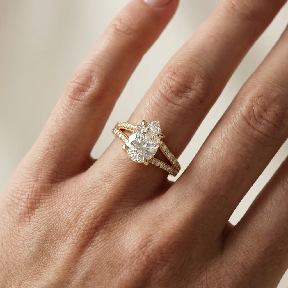 Pear Cut Pavé Split Shank Solitaire Engagement Ring – Lab Grown Diamond & Moissanite
