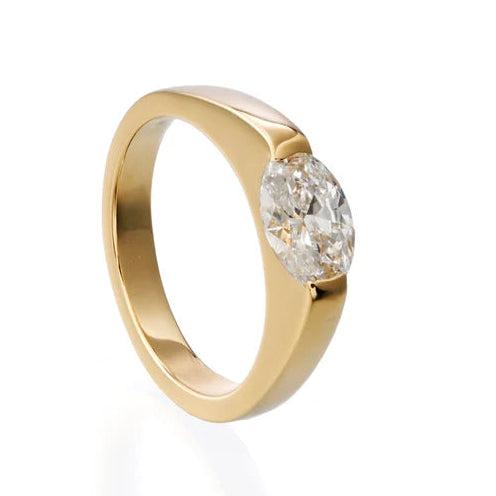 oval lab grown diamond ring in 14k, top view