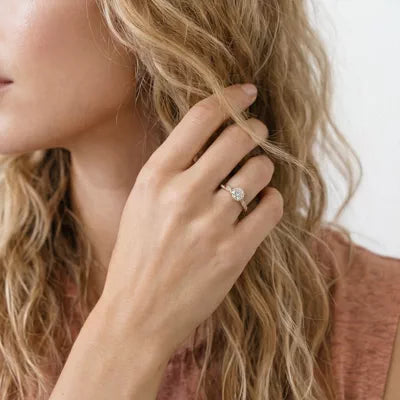 round lab grown diamond ring in silver, front view