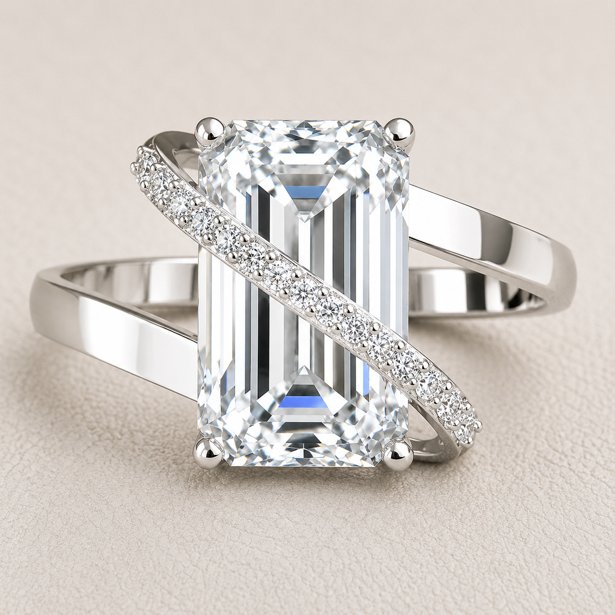 Emerald Cut Lab Grown Diamond & Moissanite Criss Cross Pavé Engagement Ring