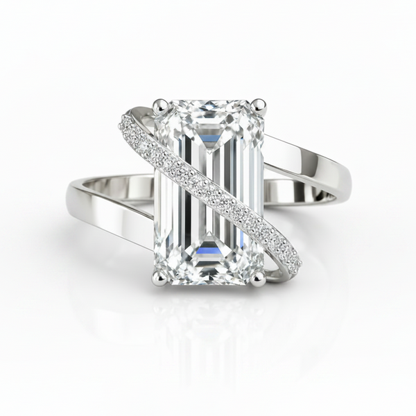 Emerald Cut Lab Grown Diamond & Moissanite Criss Cross Pavé Engagement Ring