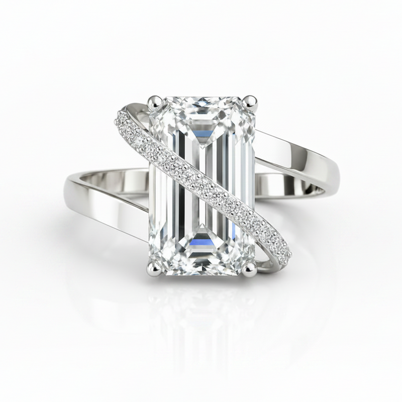 Emerald Cut Lab Grown Diamond & Moissanite Criss Cross Pavé Engagement Ring
