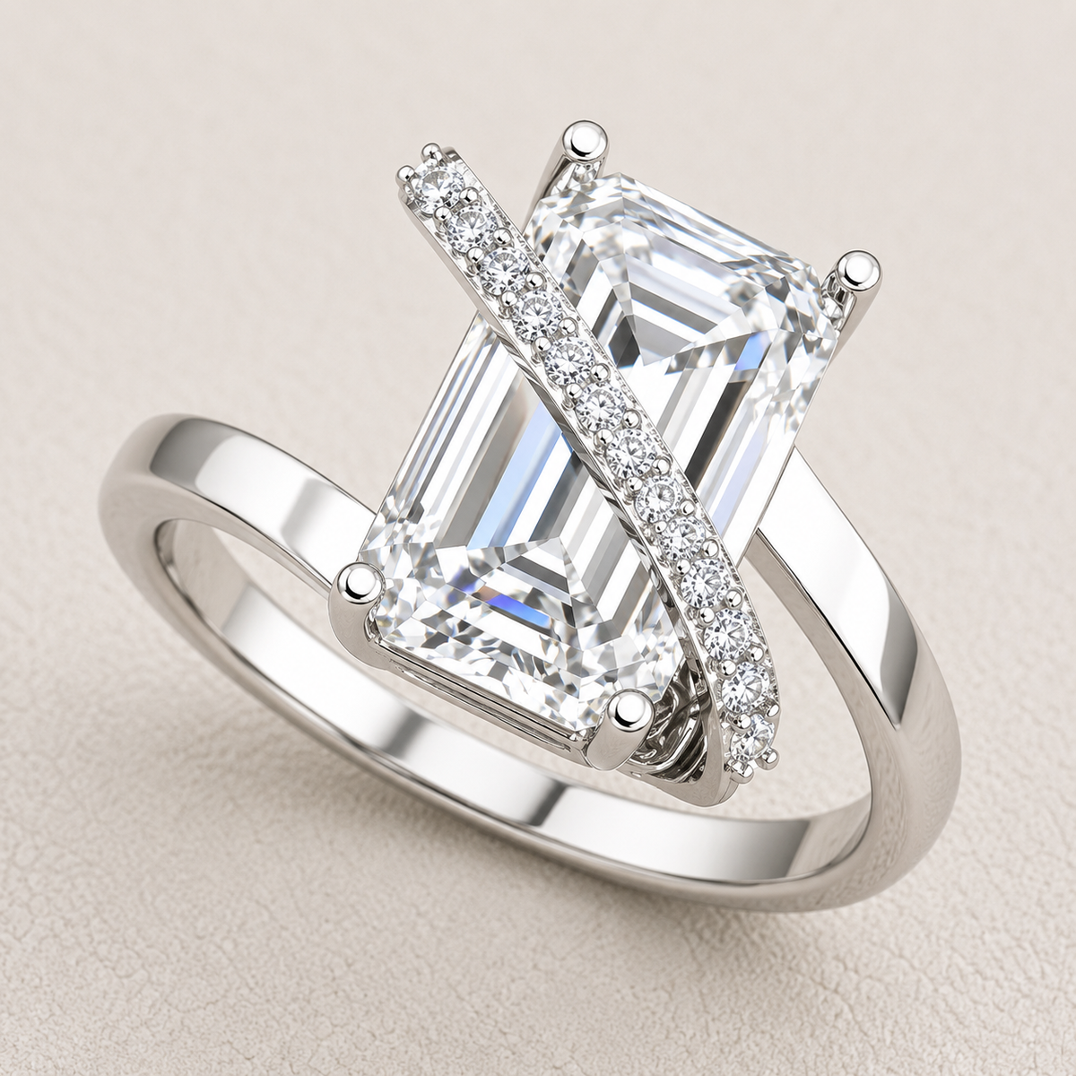 Emerald Cut Lab Grown Diamond & Moissanite Criss Cross Pavé Engagement Ring