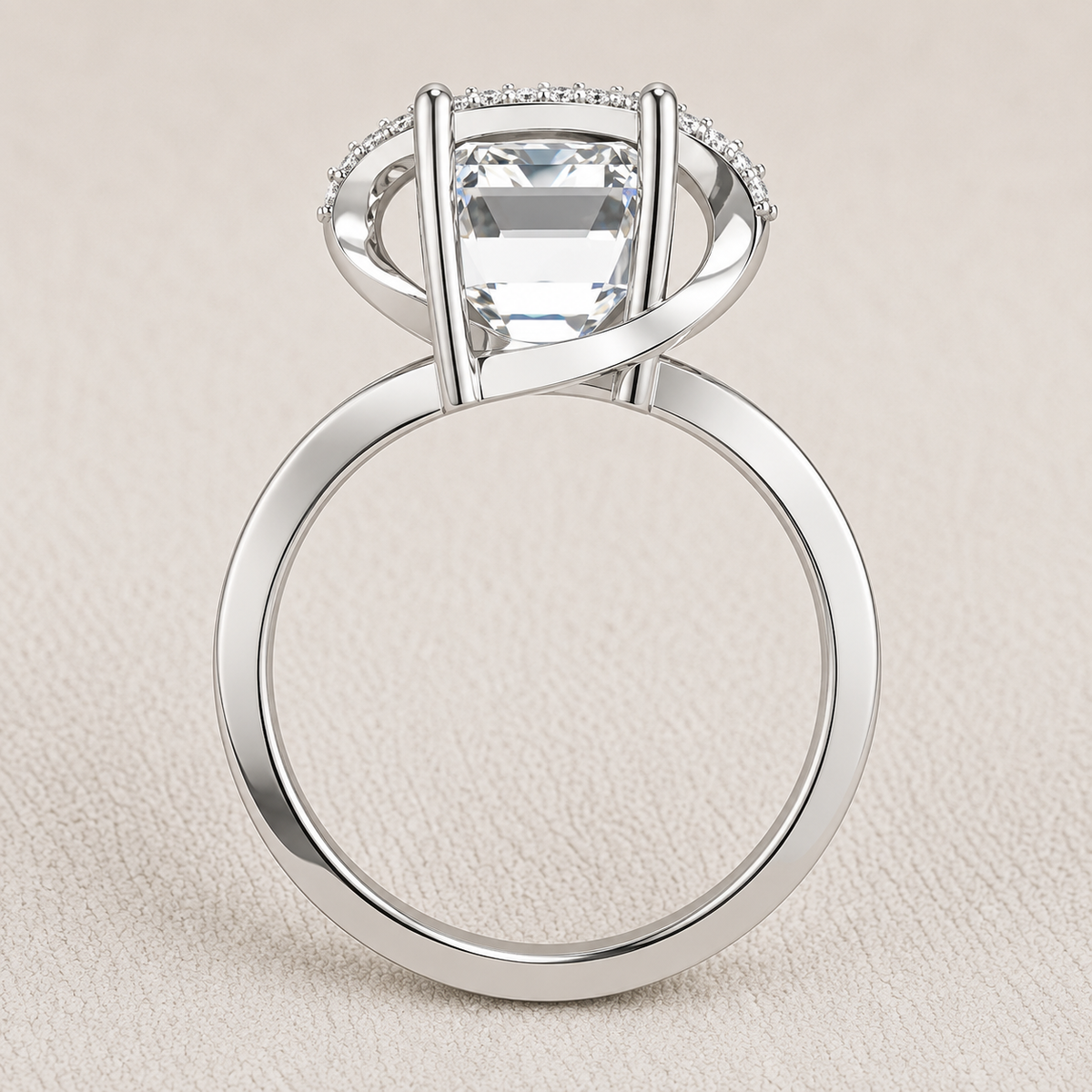 Emerald Cut Lab Grown Diamond & Moissanite Criss Cross Pavé Engagement Ring