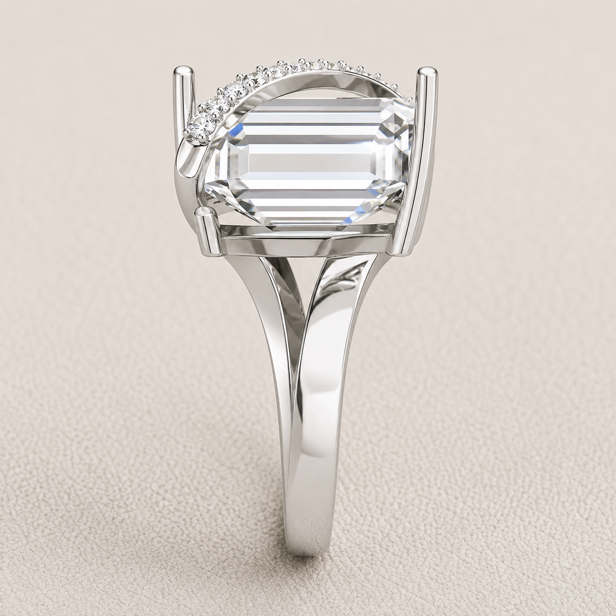Emerald Cut Lab Grown Diamond & Moissanite Criss Cross Pavé Engagement Ring