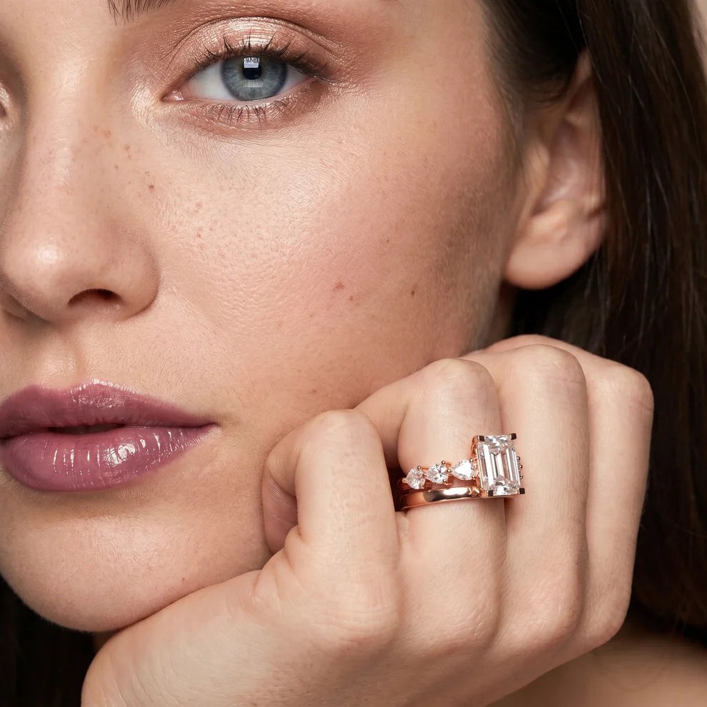Emerald Cut Lab Grown Diamond & Moissanite Three Stone Engagement Ring with Pear Side Stones