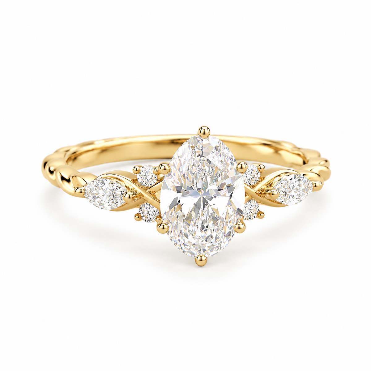 oval lab grown diamond engagement ring in gold, top view