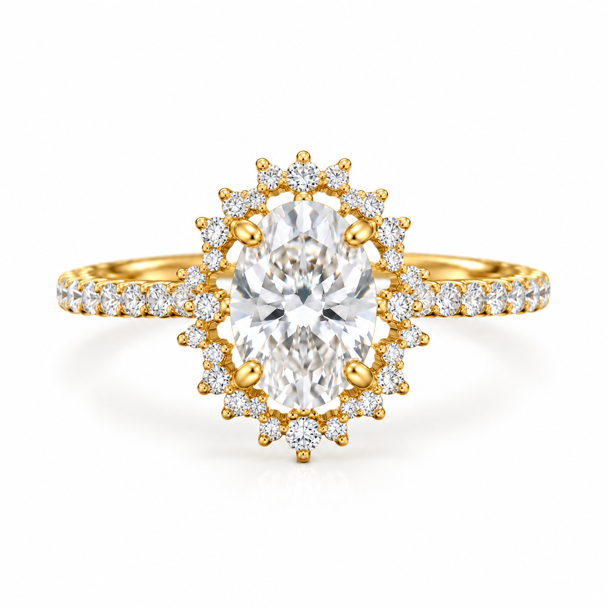 oval lab grown diamond engagement ring in gold, three-quarter view