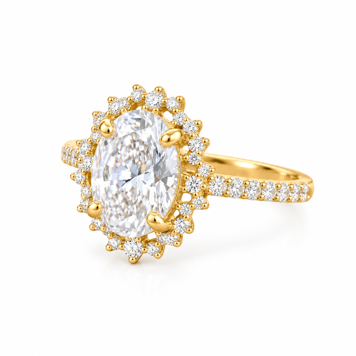 oval lab grown diamond engagement ring in gold, top view