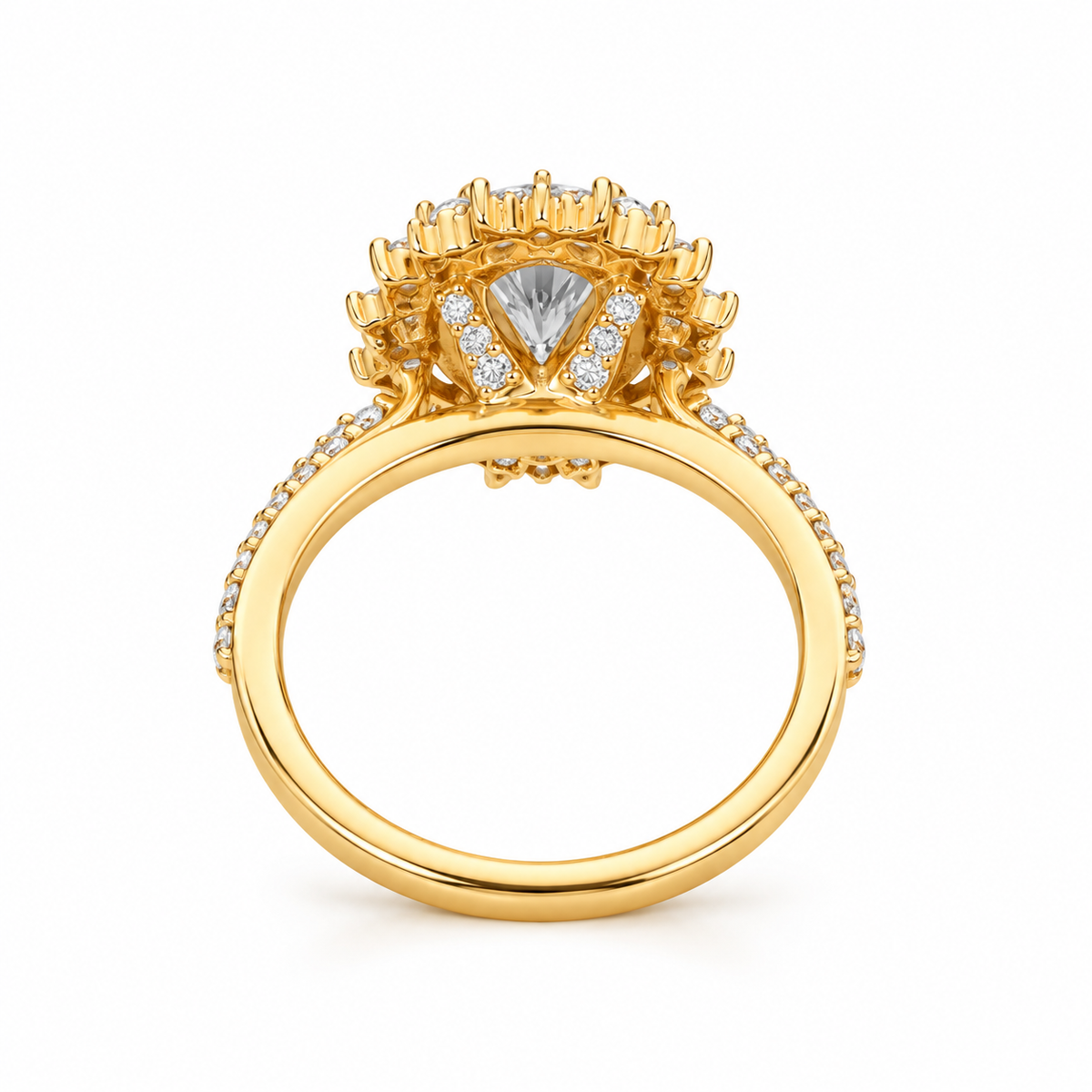 oval lab grown diamond engagement ring in gold, side profile