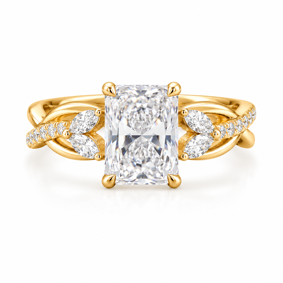 radiant lab grown diamond engagement ring in gold, three-quarter view