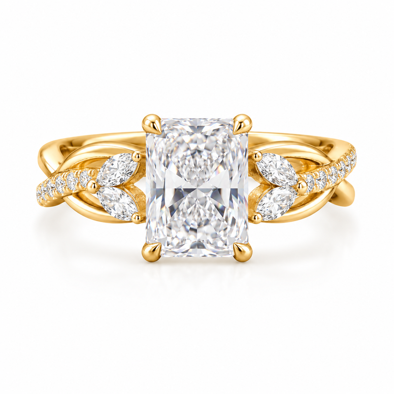 radiant lab grown diamond engagement ring in gold, three-quarter view