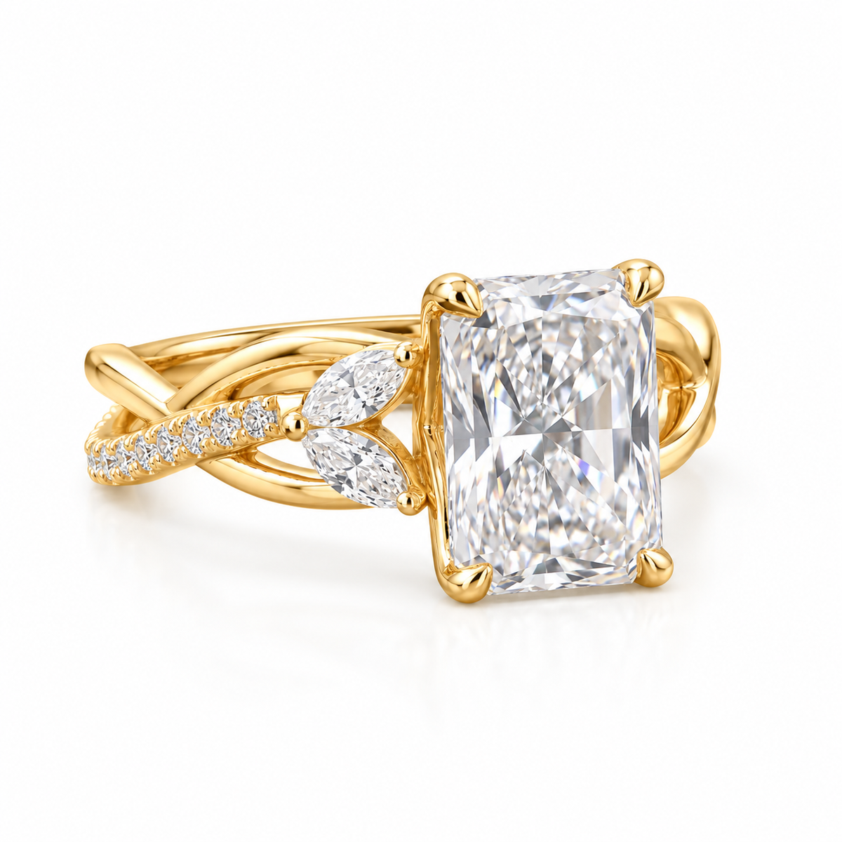 radiant lab grown diamond engagement ring in gold, top view