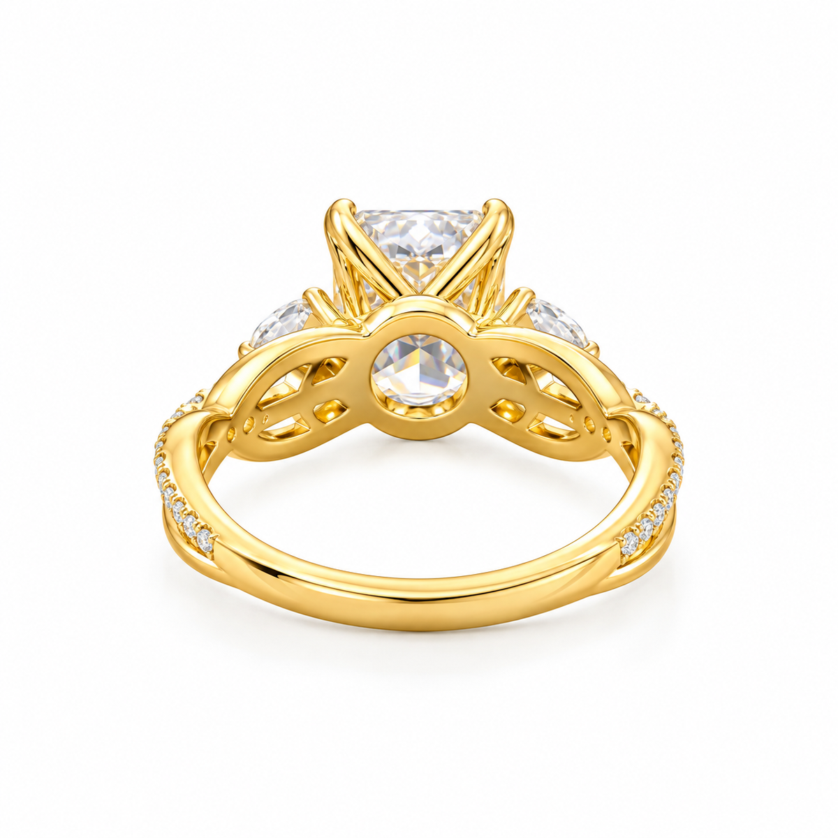 radiant lab grown diamond engagement ring in gold, side profile