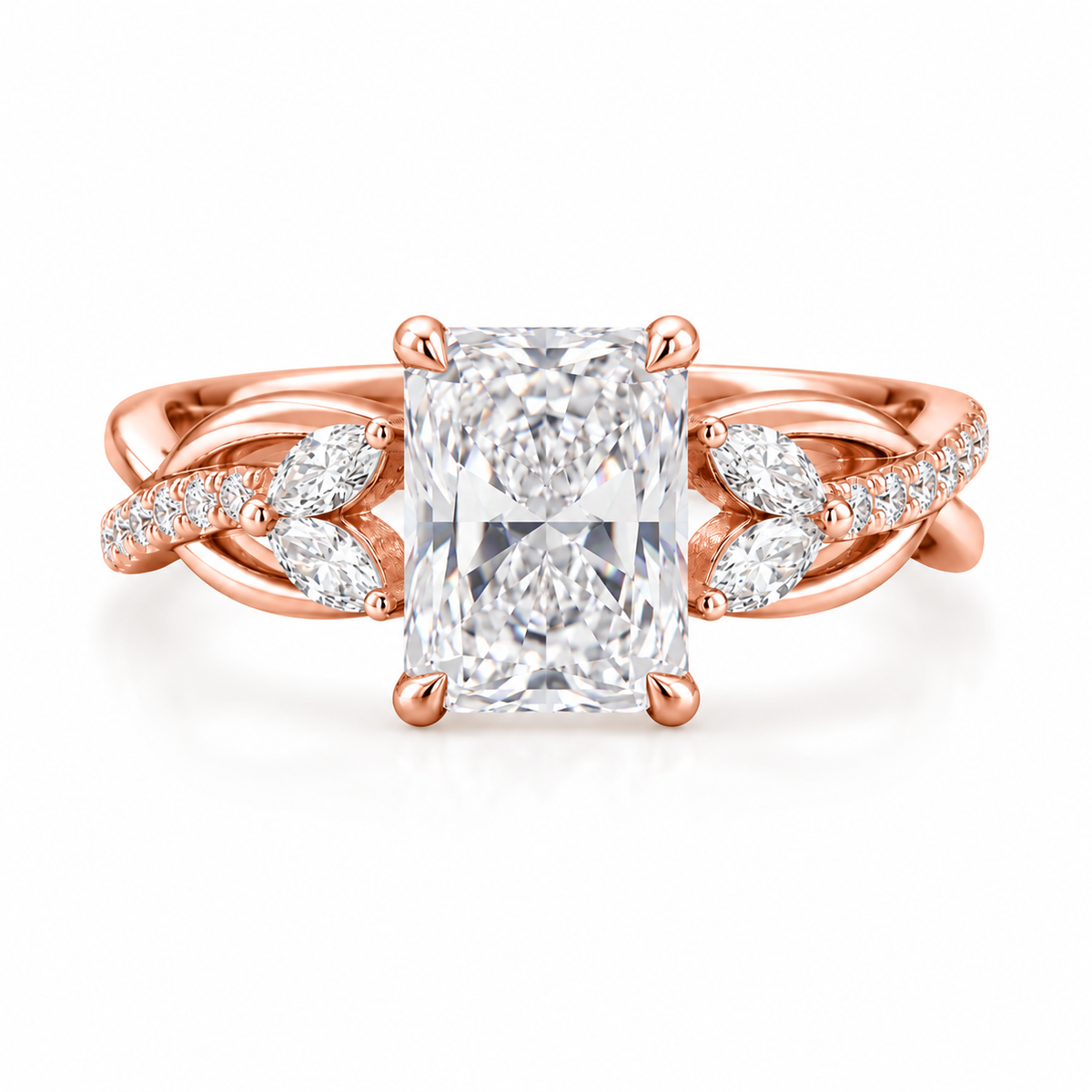 radiant lab grown diamond engagement ring in gold, detail of the setting