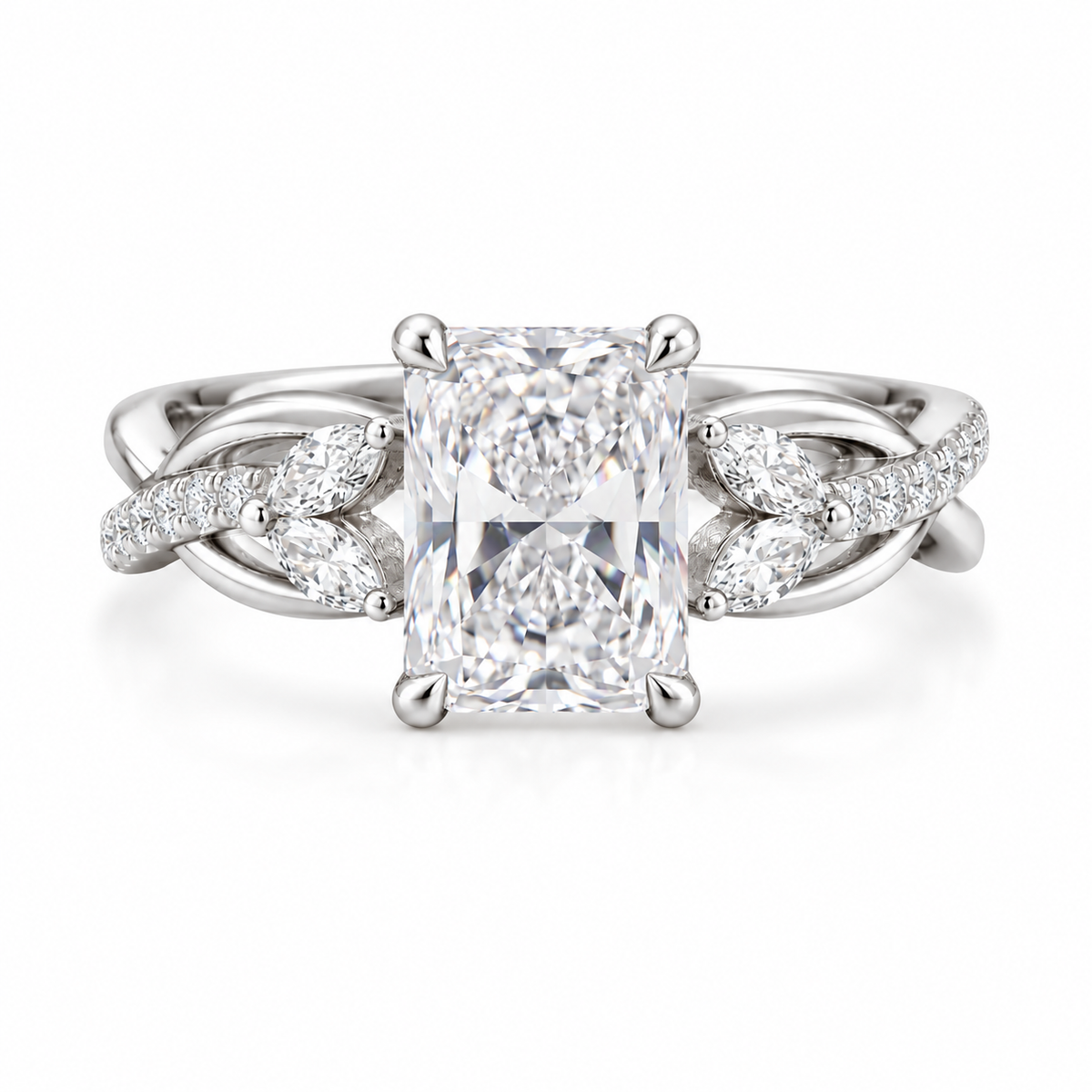 radiant lab grown diamond engagement ring in gold, on-hand