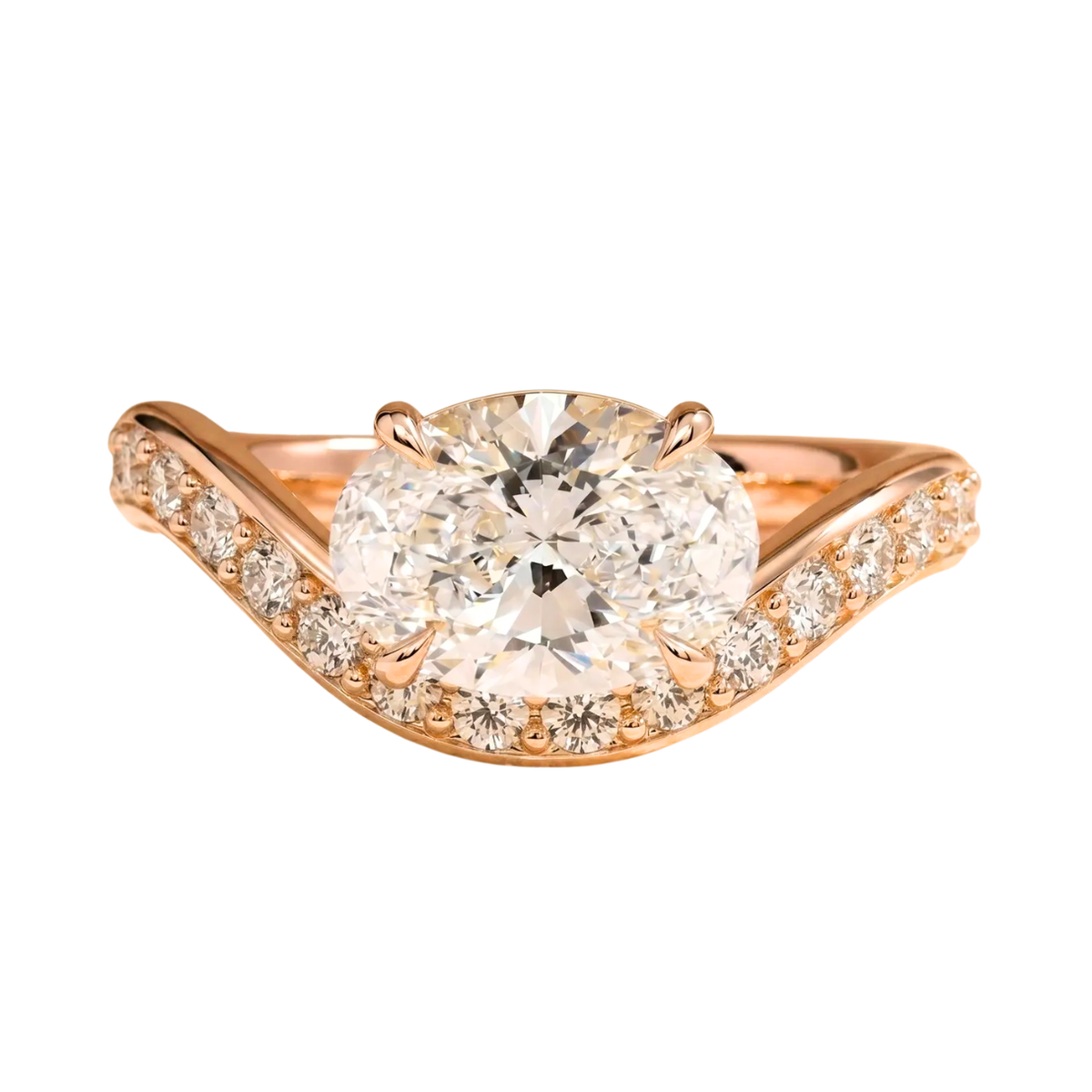 Engagement ring with a 2.90 carat Oval cut solitaire East-West diamond with wave pavé band