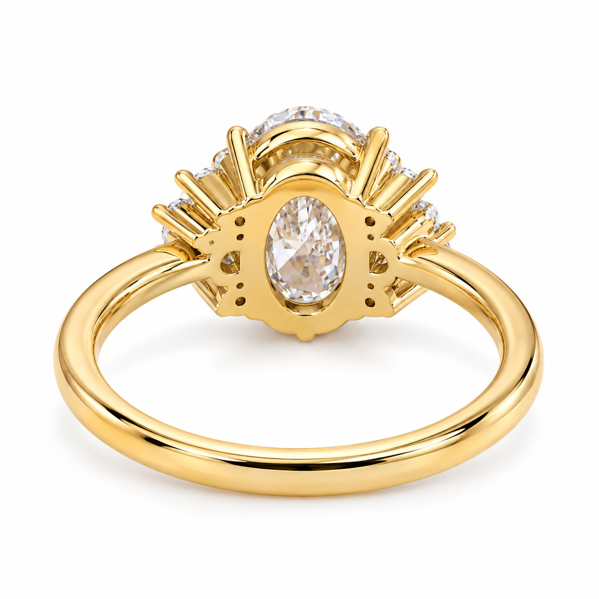 oval lab grown diamond engagement ring in gold, top view