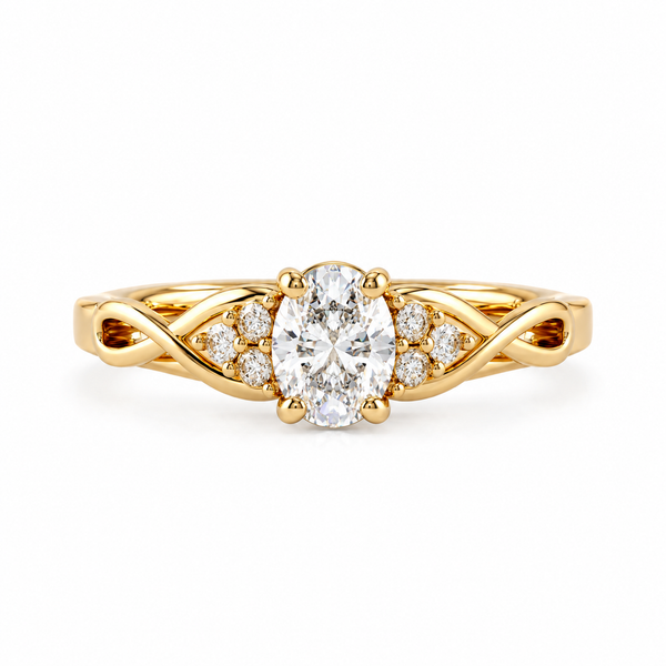 oval lab grown diamond engagement ring in gold, three-quarter view