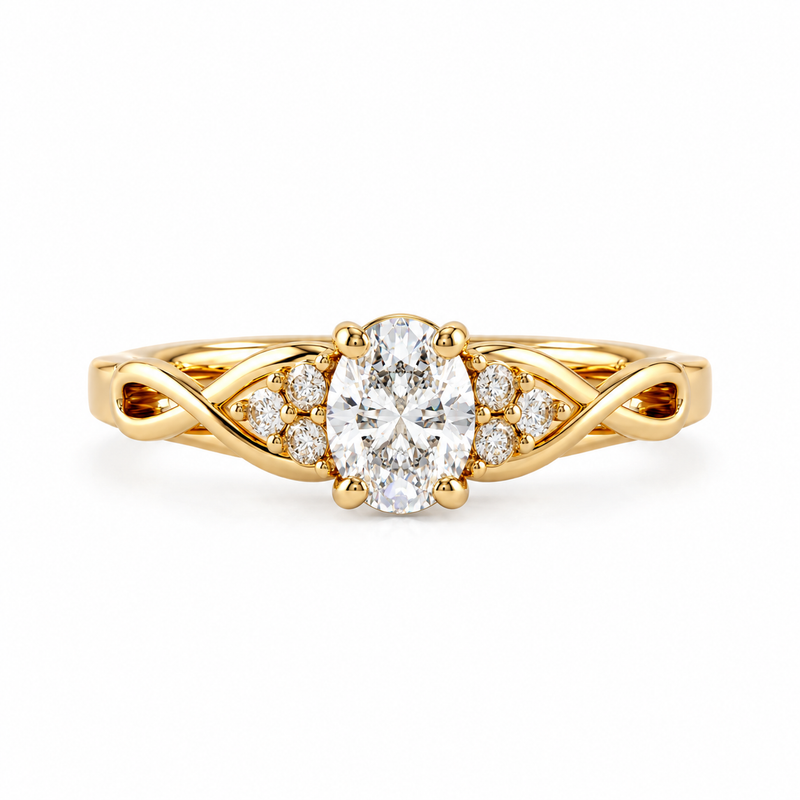 oval lab grown diamond engagement ring in gold, three-quarter view