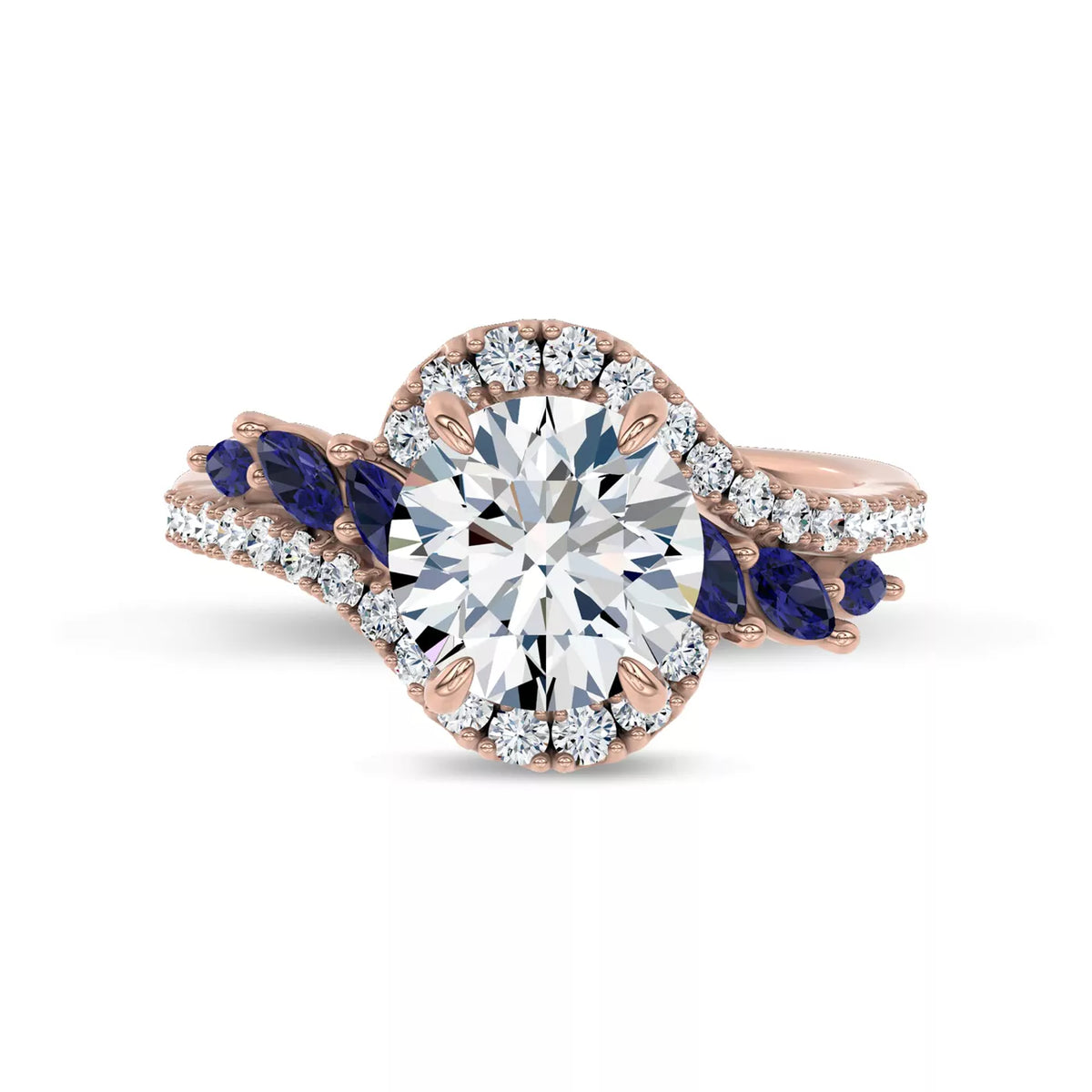Round Cut Lab Grown Diamond & Moissanite Vintage Inspired Engagement Ring with Blue Sapphire Side Stones