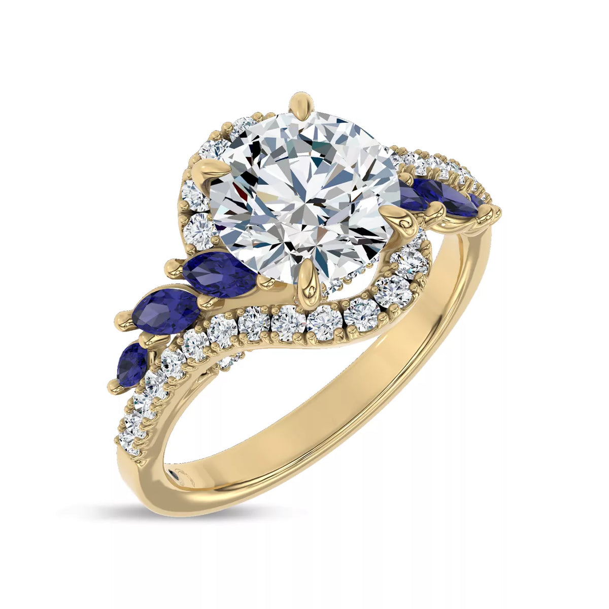 Round Cut Lab Grown Diamond & Moissanite Vintage Inspired Engagement Ring with Blue Sapphire Side Stones