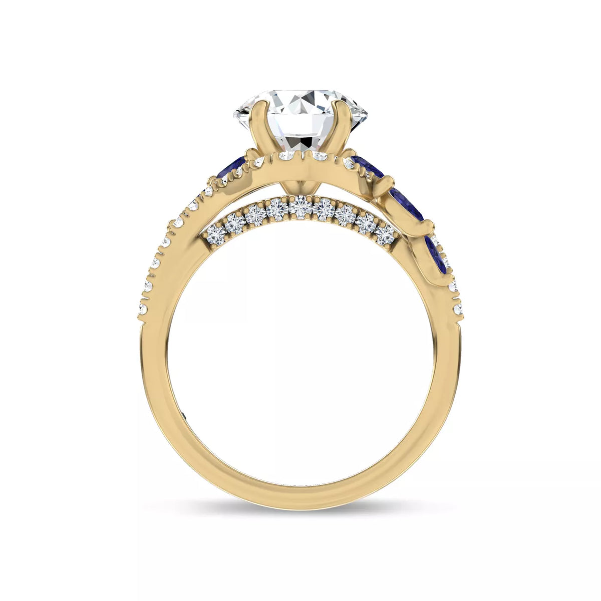 Round Cut Lab Grown Diamond & Moissanite Vintage Inspired Engagement Ring with Blue Sapphire Side Stones