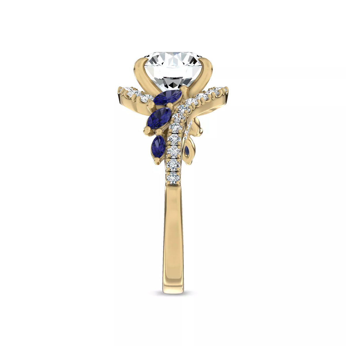 Round Cut Lab Grown Diamond & Moissanite Vintage Inspired Engagement Ring with Blue Sapphire Side Stones