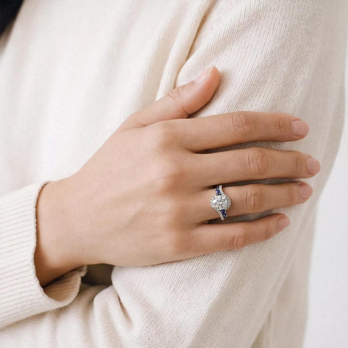 Round Cut Lab Grown Diamond & Moissanite Vintage Inspired Engagement Ring with Blue Sapphire Side Stones