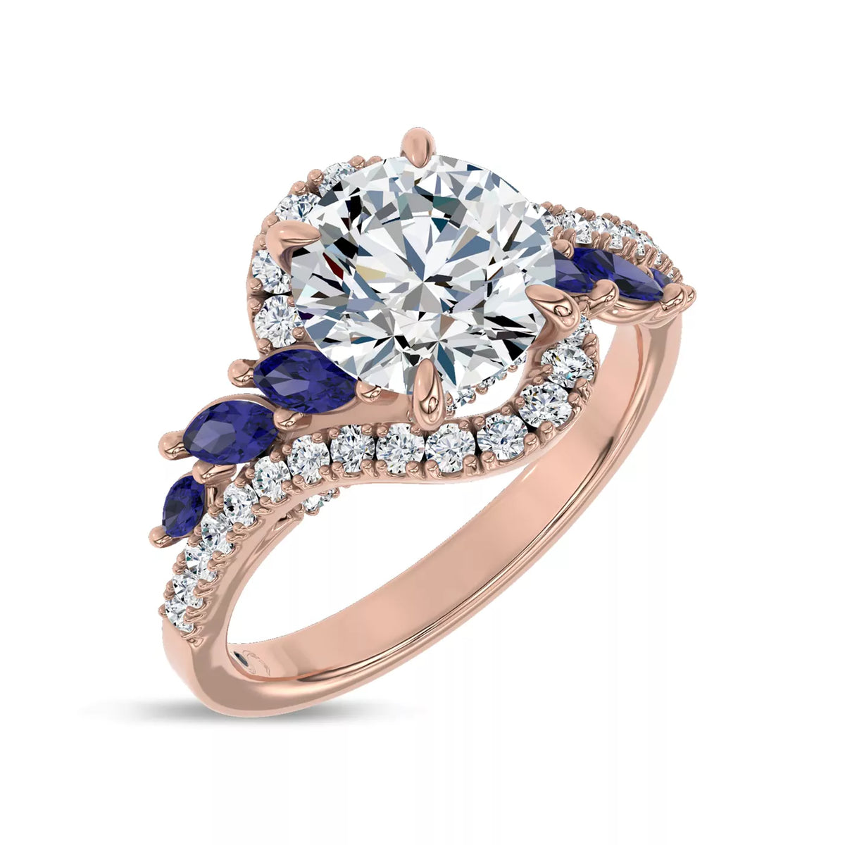 Round Cut Lab Grown Diamond & Moissanite Vintage Inspired Engagement Ring with Blue Sapphire Side Stones