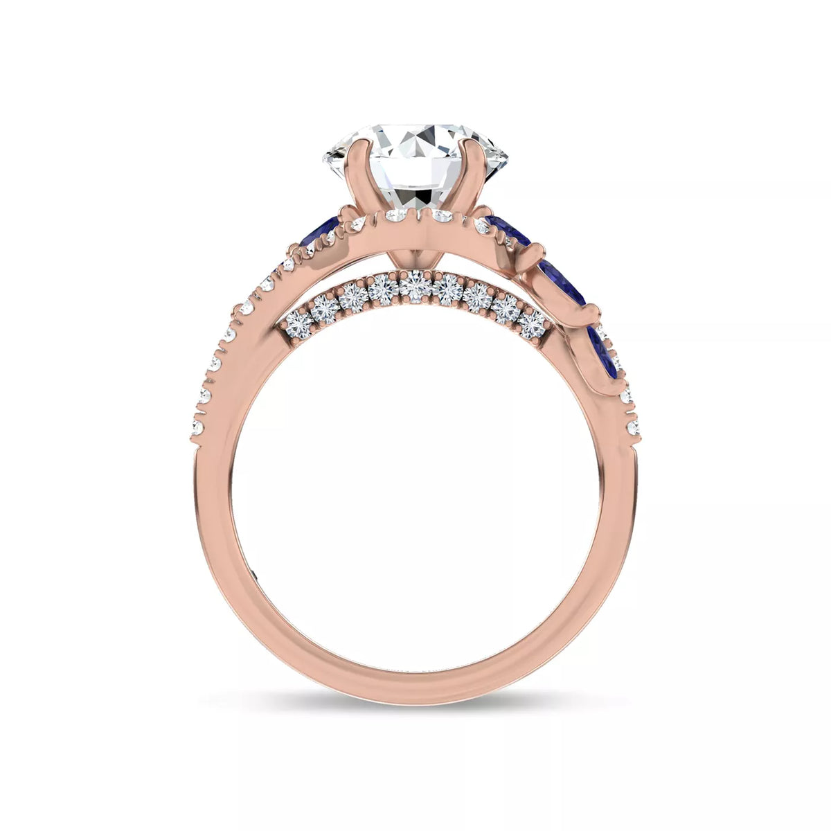 Round Cut Lab Grown Diamond & Moissanite Vintage Inspired Engagement Ring with Blue Sapphire Side Stones