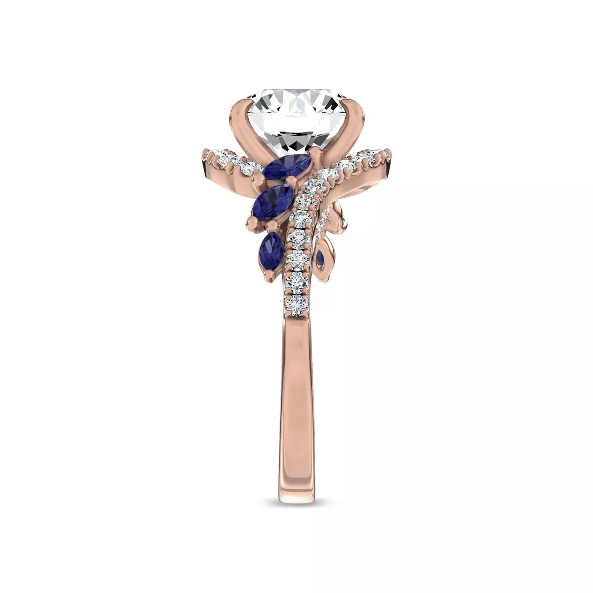 Round Cut Lab Grown Diamond & Moissanite Vintage Inspired Engagement Ring with Blue Sapphire Side Stones