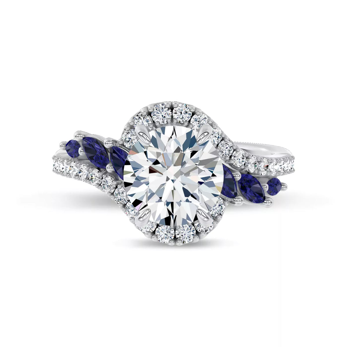Round Cut Lab Grown Diamond & Moissanite Vintage Inspired Engagement Ring with Blue Sapphire Side Stones