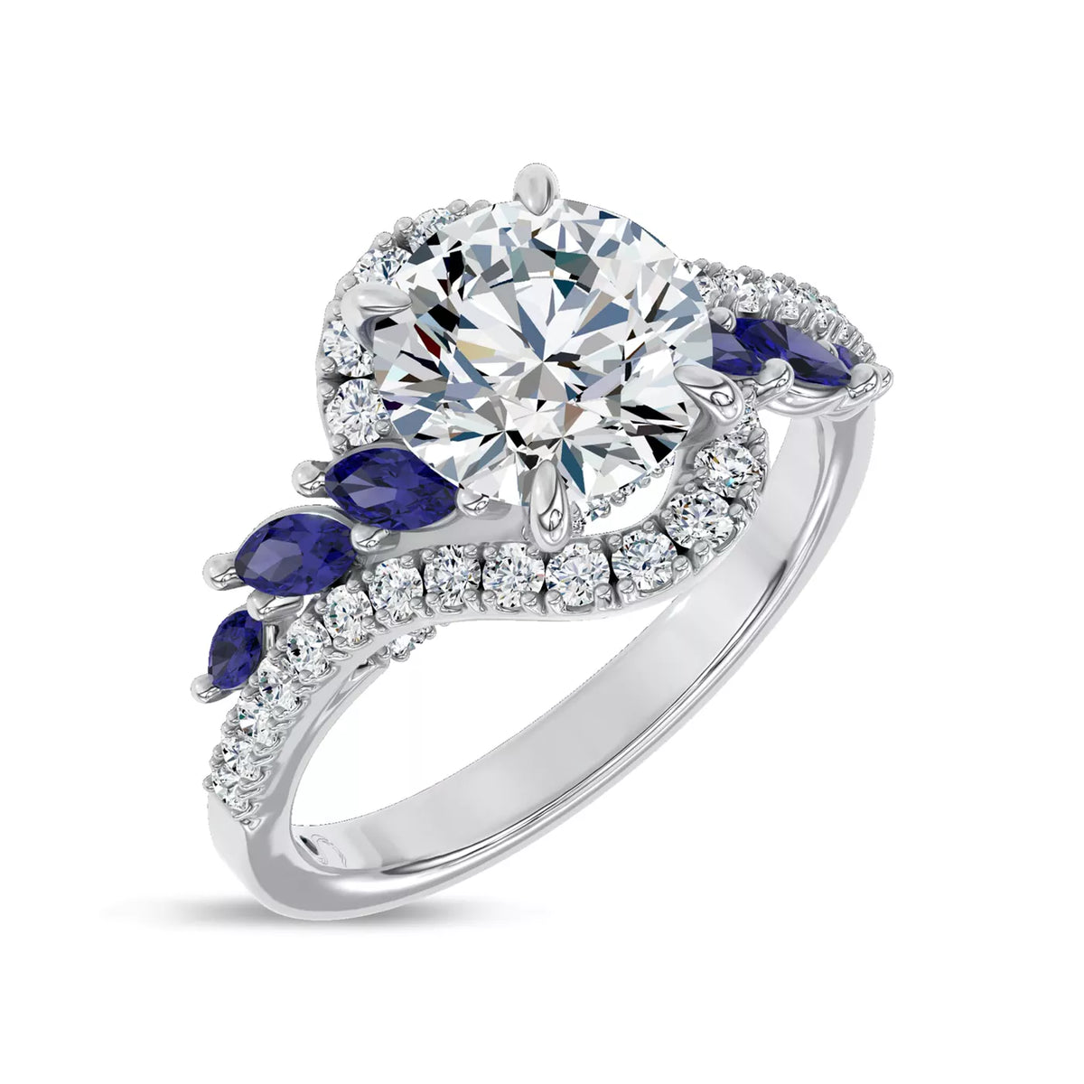 Round Cut Lab Grown Diamond & Moissanite Vintage Inspired Engagement Ring with Blue Sapphire Side Stones