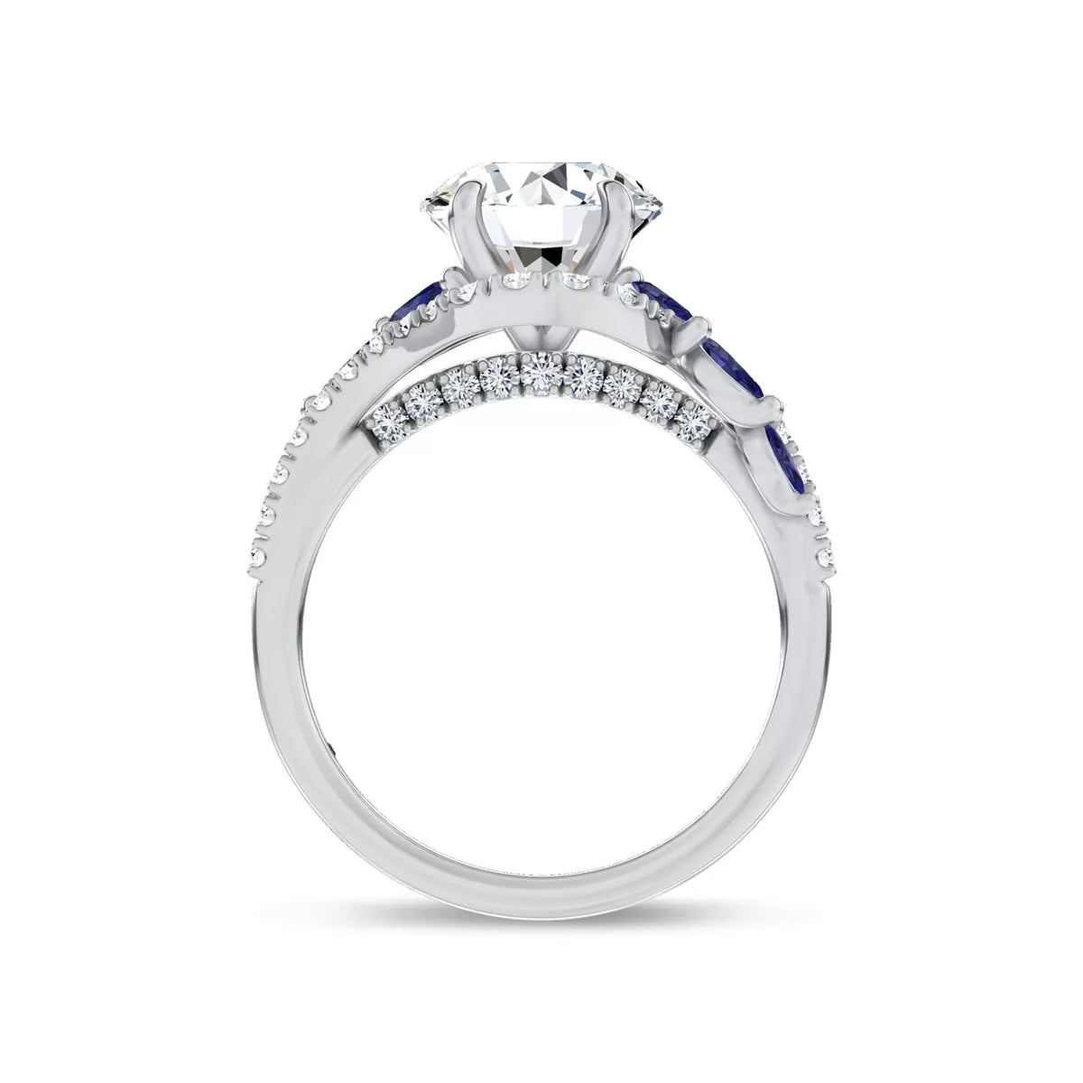 Round Cut Lab Grown Diamond & Moissanite Vintage Inspired Engagement Ring with Blue Sapphire Side Stones
