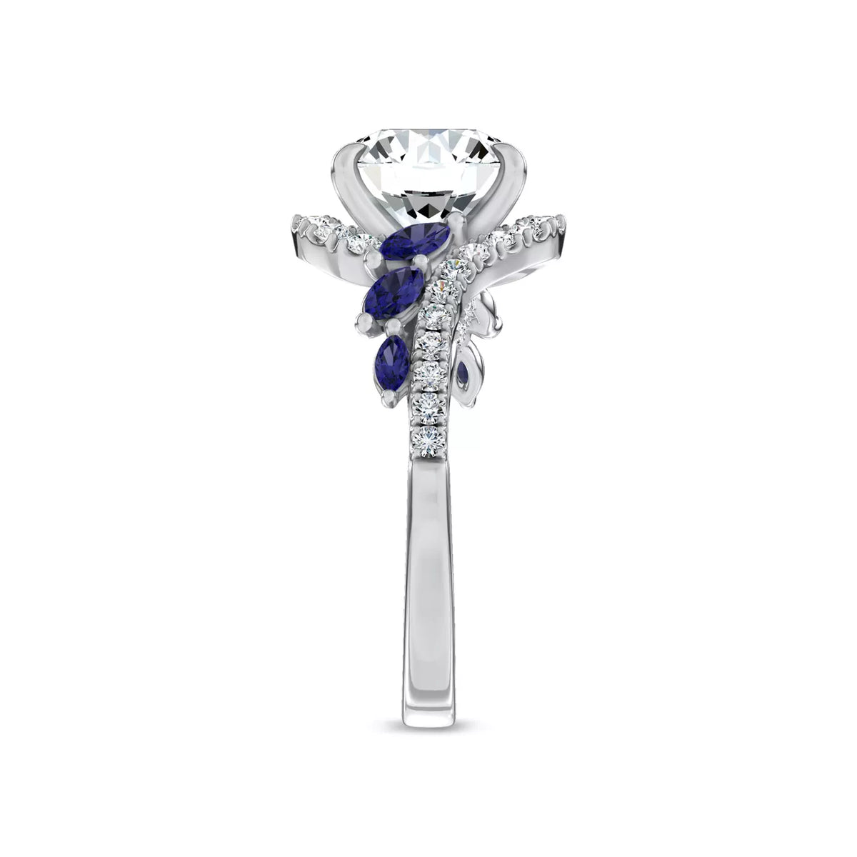 Round Cut Lab Grown Diamond & Moissanite Vintage Inspired Engagement Ring with Blue Sapphire Side Stones