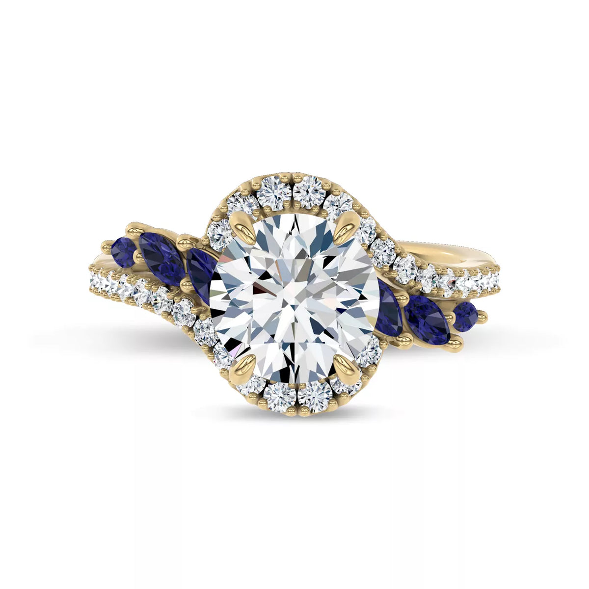 Round Cut Lab Grown Diamond & Moissanite Vintage Inspired Engagement Ring with Blue Sapphire Side Stones