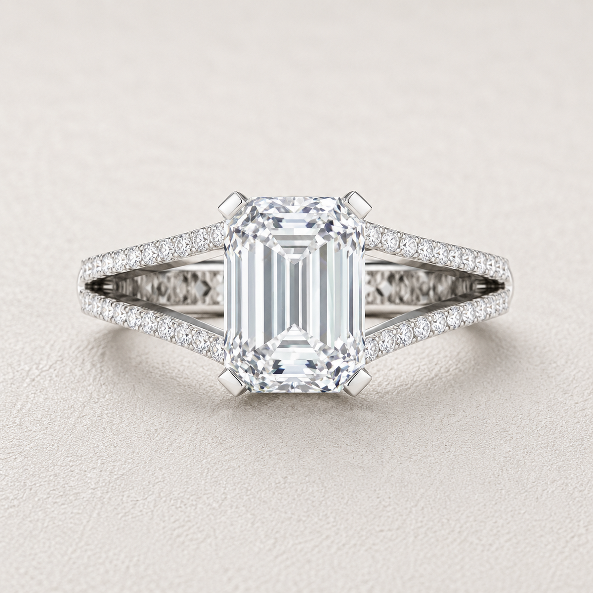 emerald lab grown diamond ring in silver, three-quarter view