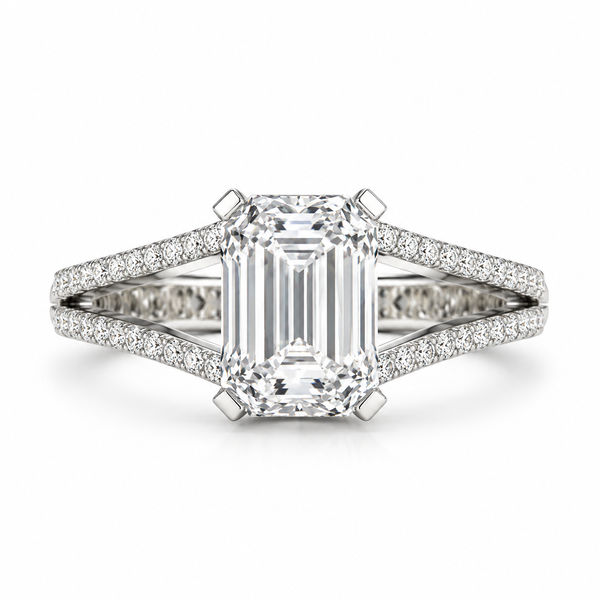 Emerald Cut Lab Grown Diamond & Moissanite Split Shank Pavé Engagement Ring